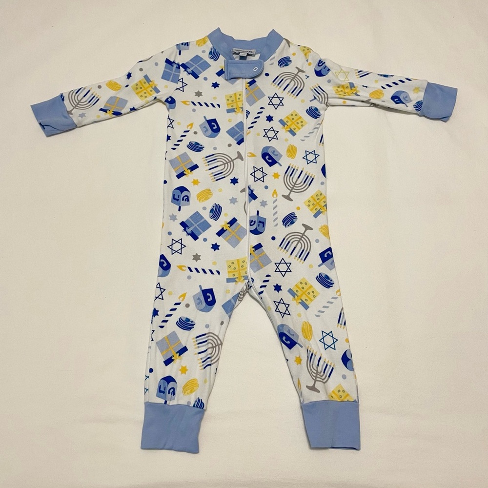 EUC Magnolia Baby Hanukkah Zip Sleeper Pajamas - Blue & Yellow Print - 18M
